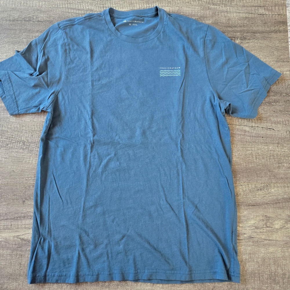 TravisMathew Mens XL Blue Graphic T-Shirt Palm Leaf Back Print Cotton Tee